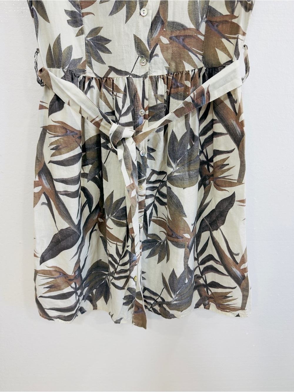 Laura Bianchi 100% Linen Leaf Print Sleeveless Shirt Dress Belted size S - Picture 3 of 10